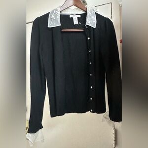 Black Cardigan with Lace Collar and Cuffs